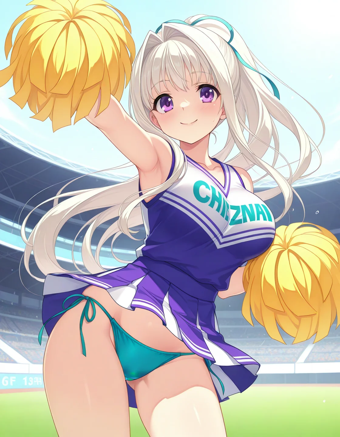 <lora:Charles:0.8> yoshino-charles, large breasts, white hair, hair intakes, very long hair, purple eyes
1girl, cheerleader, cheerleader outfit, pom pom \(cheerleading\), smile, ponytail, hair ribbon, side-tie panties,
cheerleading pose,
stadium,, Smooth Quality, uncensored,