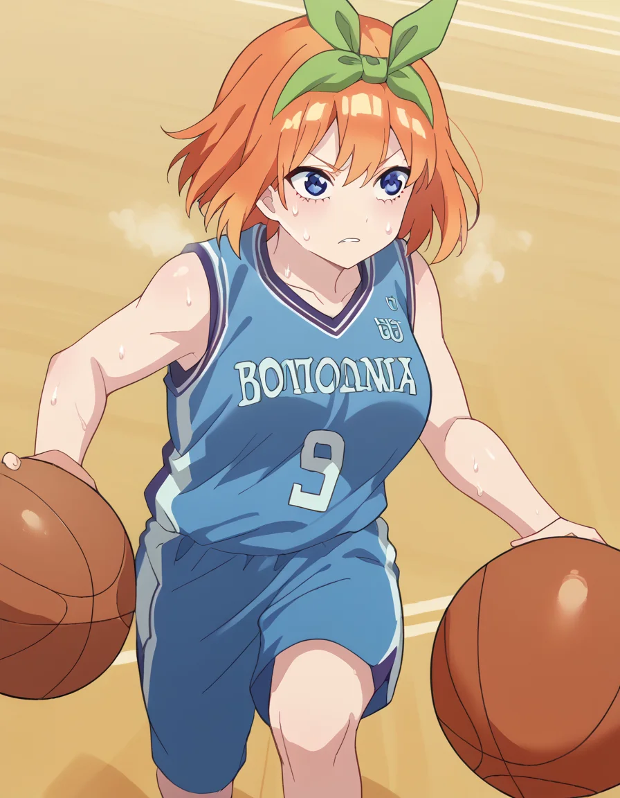 score_9, score_8_up, score_7_up, source_anime, <lora:yotsuba-nakano-s2-ponyxl-lora-nochekaiser:1>, yotsuba nakano, bangs, short hair, blue eyes, hair between eyes, hair ribbon, hairband, orange hair, green ribbon, large breasts,, <lora:basketball-dribbling-ponyxl-lora-nochekaiser:1> basketball dribbling, dribbling (basketball), basketball, basketball (object), basketball court, playing sports, ball, sweat, steam, running,, <lora:basketball-uniform-ponyxl-lora-nochekaiser:1> basketball uniform, basketball jersery, sportswear, jersey, shorts, sleeveless,, cowboy shot,
