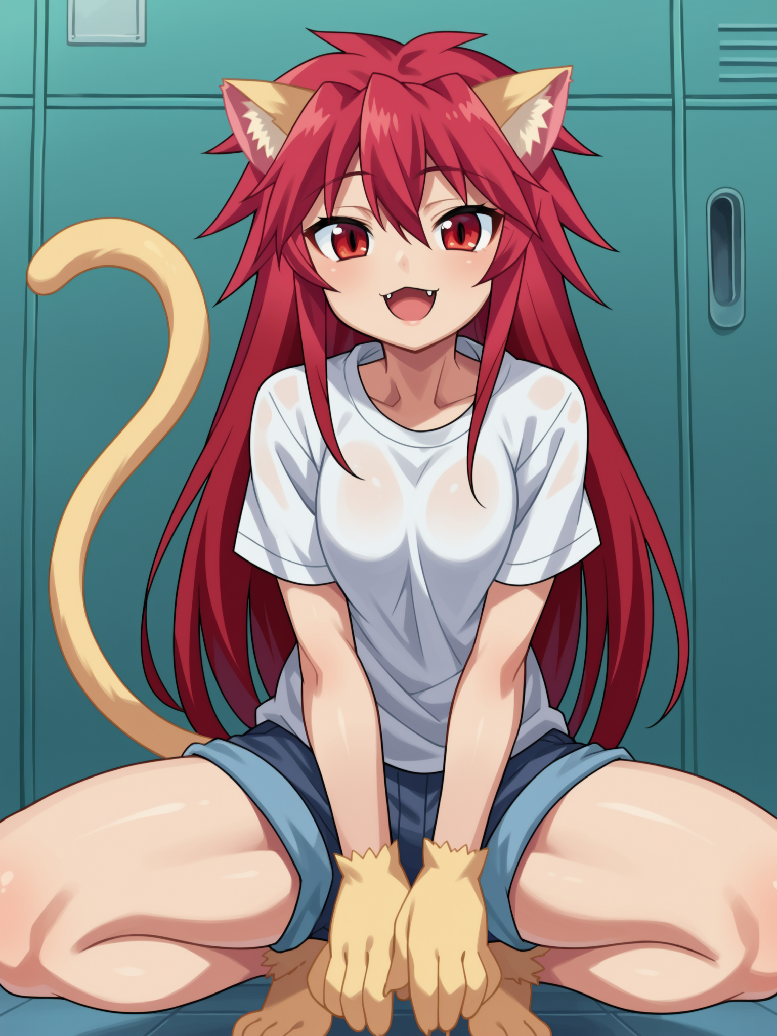 score_9, score_8_up, score_7_up, source_anime, <lora:Mari_Setagaya_epoch_9:1>, 1girl, solo, 
mari setagaya, cat-form, long hair, red eyes, animal ears, tail, red hair, cat ears, cat tail, animal hands,
squatting, hand between legs, happy, spread legs, looking at viewer, white shirt, shorts, fang