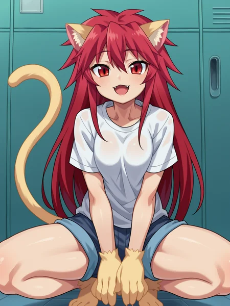 score_9, score_8_up, score_7_up, source_anime, <lora:Mari_Setagaya_epoch_9:1>, 1girl, solo, 
mari setagaya, cat-form, long hair, red eyes, animal ears, tail, red hair, cat ears, cat tail, animal hands,
squatting, hand between legs, happy, spread legs, looking at viewer, white shirt, shorts, fang