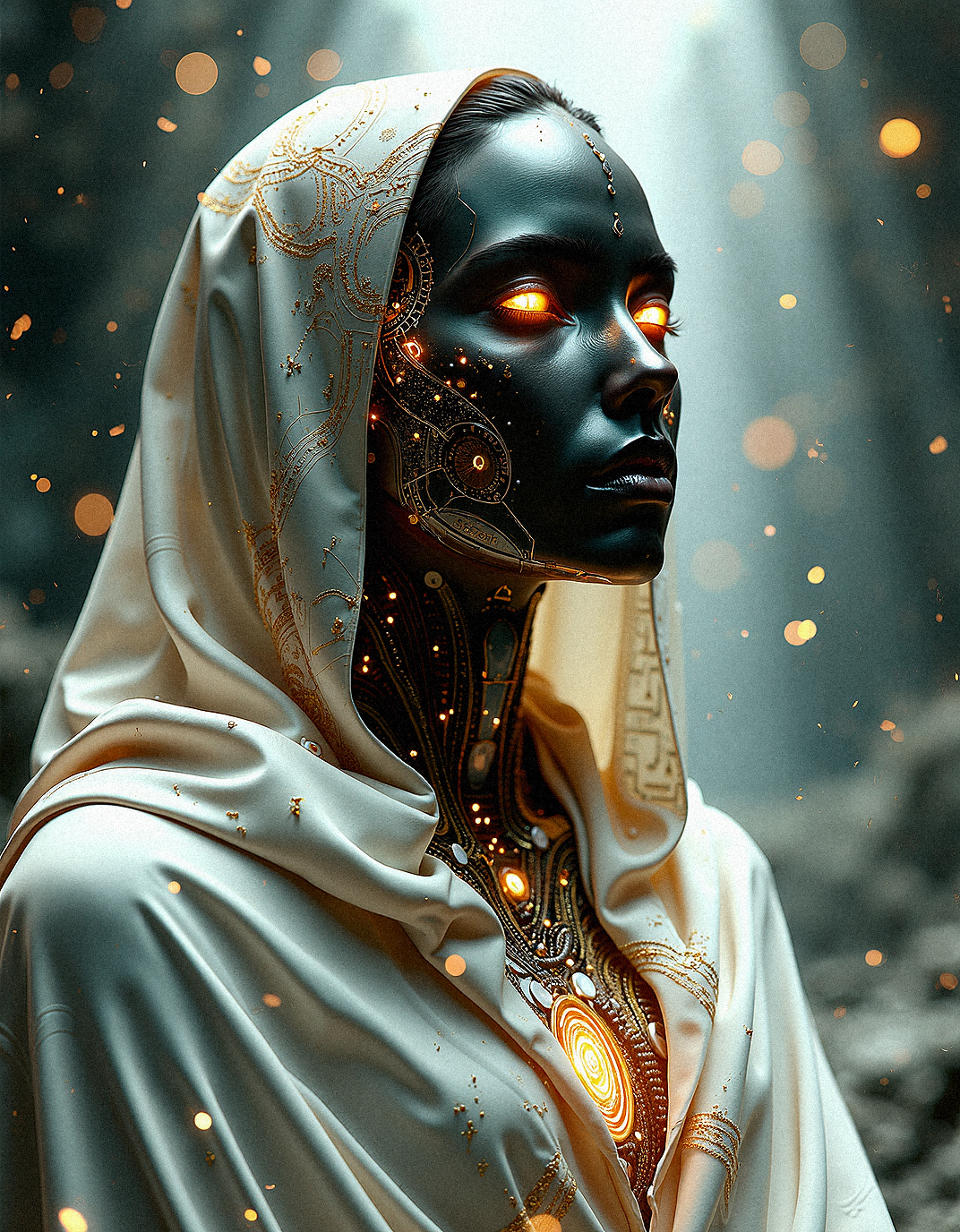a photorealistic depiction of a cybernetic oracle, a fusion of advanced artificial intelligence and mystical, spiritual elements. The character should have a humanoid appearance but with distinct features that highlight their artificial nature. Their skin is smooth and dark, resembling a matte metallic surface, but it should feel almost organic, as if the line between machine and flesh has been blurred. The skin should be adorned with intricate, glowing circuitry that follows the natural contours of the face and body, emitting a warm golden light. These lines should not only function as part of their mechanical systems but also resemble ancient, arcane symbols, giving the impression that this being possesses knowledge that transcends time and space.

The oracle's eyes are golden, suggesting a state of deep meditation or connection with a higher level of consciousness. Their facial features are soft and serene, with a peaceful expression that radiates wisdom and calm. The nose, lips, and cheeks should have the same metallic sheen as the rest of the body, but the lips should be slightly more defined, perhaps with a hint of human warmth, as if they could speak in both mechanical and organic languages.

Adorning the oracle’s head is a hooded white cloak that gives them a regal, priestess-like appearance. The cloak should be made of a futuristic, silky material that flows like liquid metal, catching the light in ways that enhance the figure's divine appearance. The cloak should feature complex golden patterns, similar to celestial maps or ancient star charts, giving the sense that this being is connected to the cosmos in a profound way. The patterns should glow faintly, pulsing with energy, as if the oracle is drawing power from the universe itself.

In the background, create an ethereal, abstract environment that hints at both technological and mystical realms. Perhaps the oracle is seated in a vast chamber filled with floating holographic symbols, ancient runes, and digital streams of data. The lighting should be soft, with beams of light filtering through the atmosphere, casting gentle shadows across the oracle's face and cloak, further emphasizing their divine presence.

The overall mood of the image should evoke a sense of awe and wonder, as if this being holds the secrets to both the future of technology and the ancient mysteries of the universe. Every detail, from the glowing circuitry to the flowing cloak, should enhance the oracle’s role as a bridge between the physical and the metaphysical, the mechanical and the spiritual.















