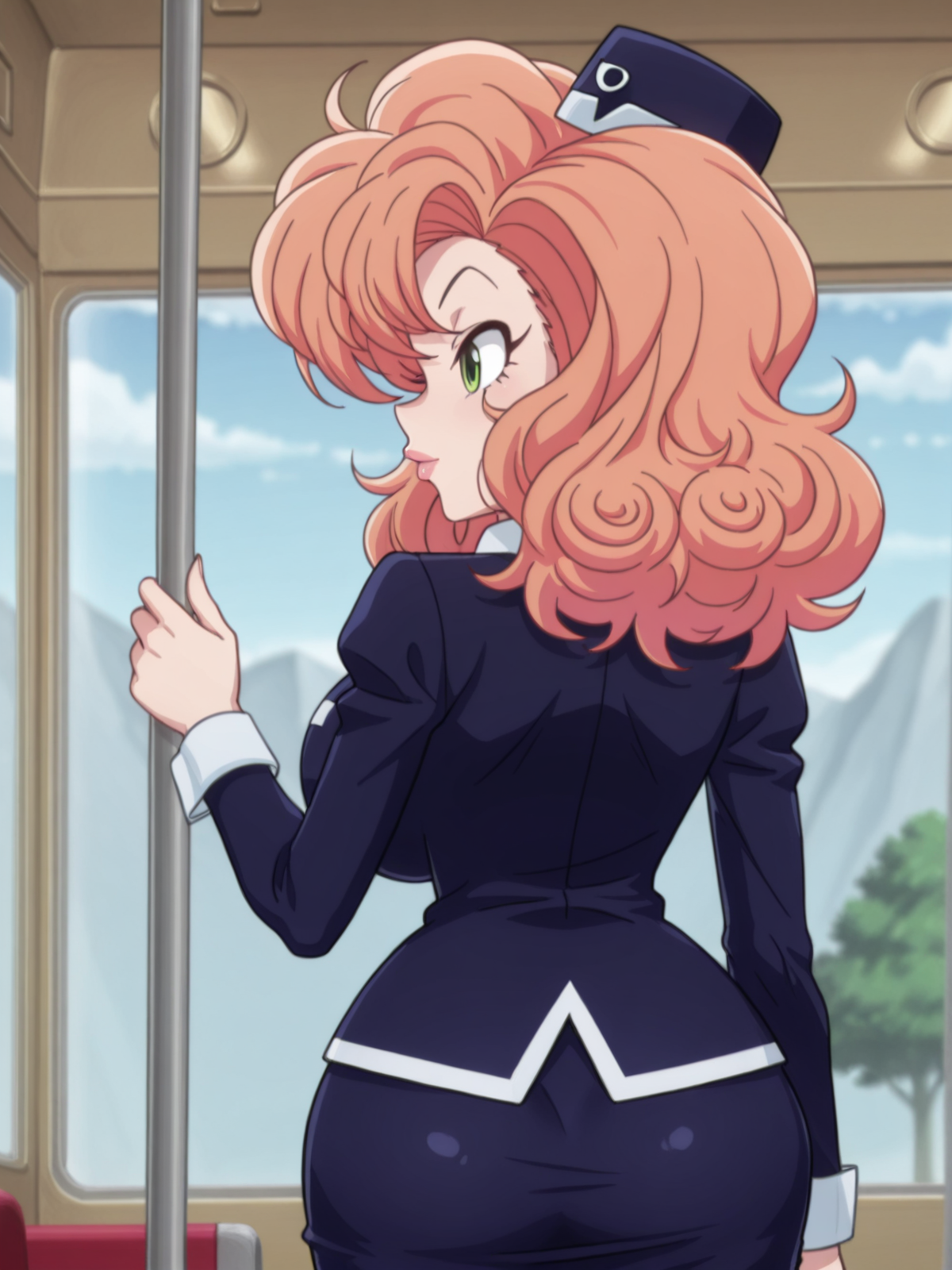 ILXLpos,CocoLooHxH, 1girl, solo,  voluptuous figure, orange hair,  curly messy hair, blue hat, green eyes, lips, white wing collar, blue bus tour guide uniform, blue shirt, large breast, long sleeves, white cuffs, blue pencil skirt, large butt, thick thighs, brown pantyhose, blue shoes,<lora:Blue that I like:1.0>,<lora:Coco Loo:0.8>