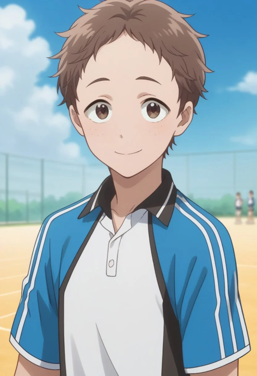 score_9, score_8_up, score_7_up, source_anime, highly detailed,
taiyo, 1boy, male focus, brown hair, solo, upper body, brown eyes, freckles, shorts, sportswear, standing, smile, looking at viewer, tennis uniform, raglan sleeves, white shirt, blue shirt,
outdoor, sky,