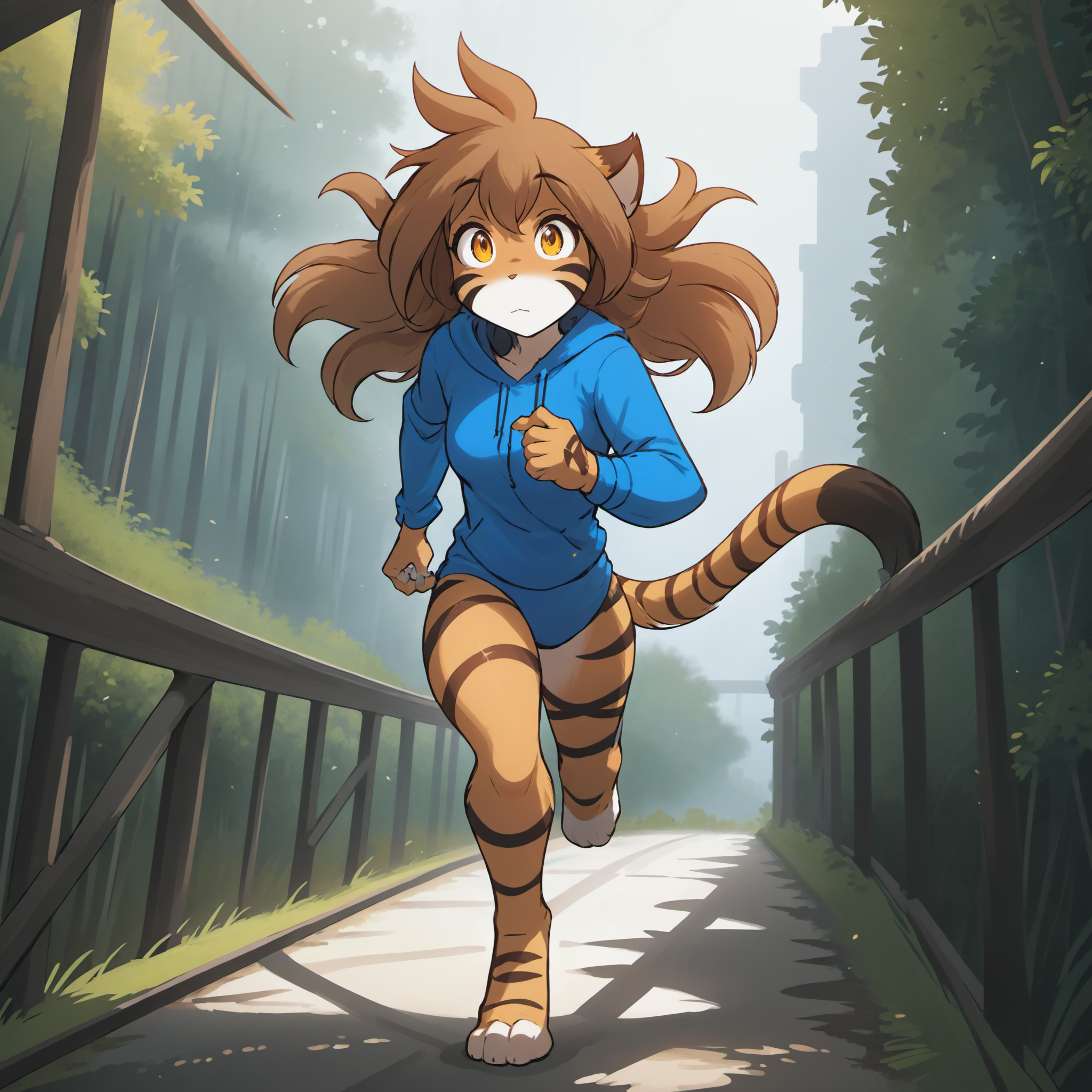 1girl,solo,furry,female furry,tiger girl,beautiful girl,long brown orange hair,animal nose,(detailed face and eyes:1.2),slit pupils,good anatomy,good hands
(anime:1.3),(masterpiece:1.1),(best quality:1.2),8k,
full body,(fully dressed:1.3),clothing,wearing blue tracksuit,running fast over a medieval bridge, looking at viewer,
<lora:FloraSDXL-V2:0.6>, <lora:neg4all_bdsqlsz_xl_V7:1>