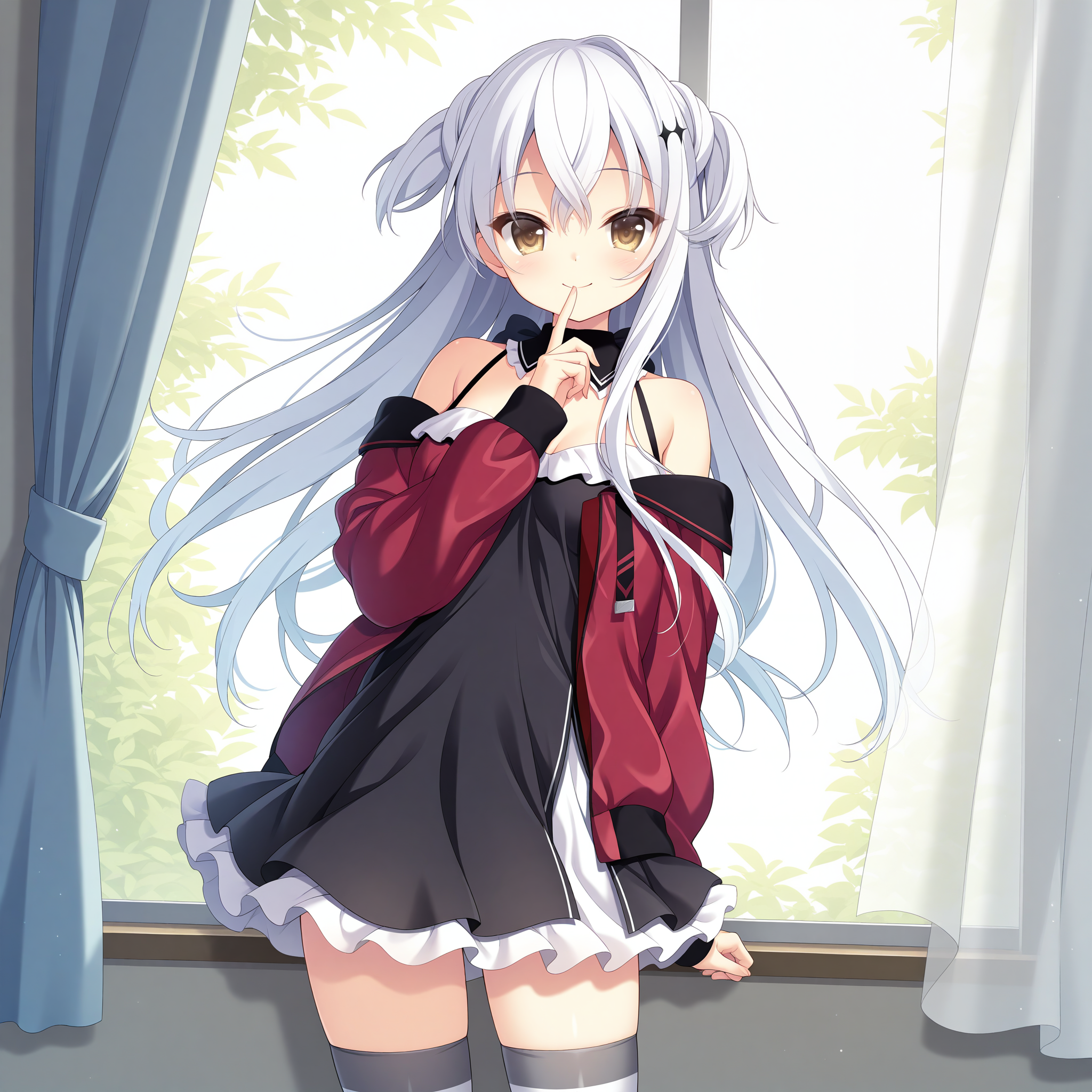 <lora:Kakehashi_Kohaku_1_nai-000033:1>,Kakehashi Kohaku,two side up,cross hair ornament,
striped thighhighs,black dress,red jacket,off-shoulder jacket,short dress,off-shoulder dress,frilled dress,detached collar,black collar,long sleeves,
1girl,solo,smile,window,standing,curtains,curtain grab,looking at viewer,front view,cowboy_shot,finger to mouth,