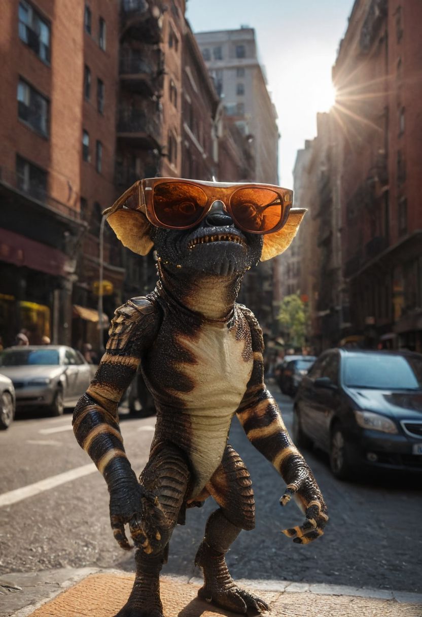 amazing quality, masterpiece, best quality, hyper detailed, ultra detailed, UHD, perfect anatomy, portrait, dof,in a street of big city,  hyper-realism, majestic, awesome, inspiring, - (ogremlino,brown gavardine, sun glases , :1.0),  cinematic composition, soft shadows, national geographic style,biped