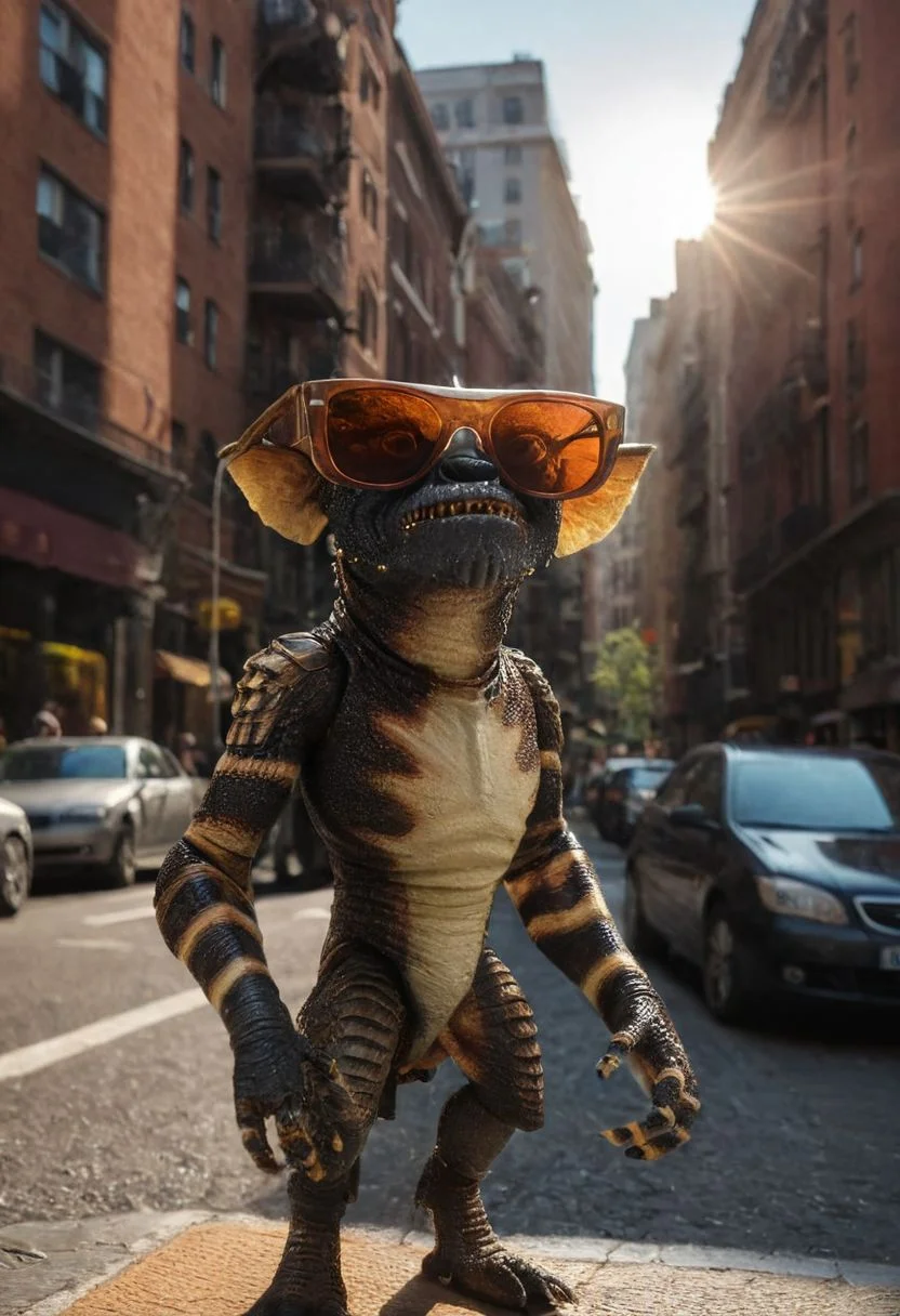 amazing quality, masterpiece, best quality, hyper detailed, ultra detailed, UHD, perfect anatomy, portrait, dof,in a street of big city, hyper-realism, majestic, awesome, inspiring, - (ogremlino,brown gavardine, sun glases , :1.0), cinematic composition, soft shadows, national geographic style,biped