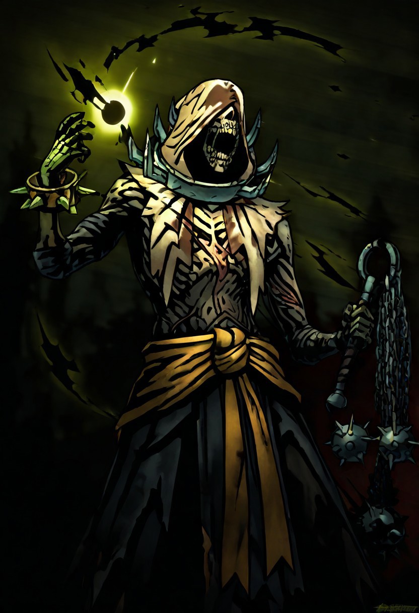 masterpiece, best quality, newest, absurdres, highres, DDstyle, official style, 
1boy, DDFLA-V1.1, collar, spiked collar, hood, scar, sash, spikes, undead, zombie, hood, hood up, teeth, bracelet,
weapon, flail, holding weapon, holding flail,