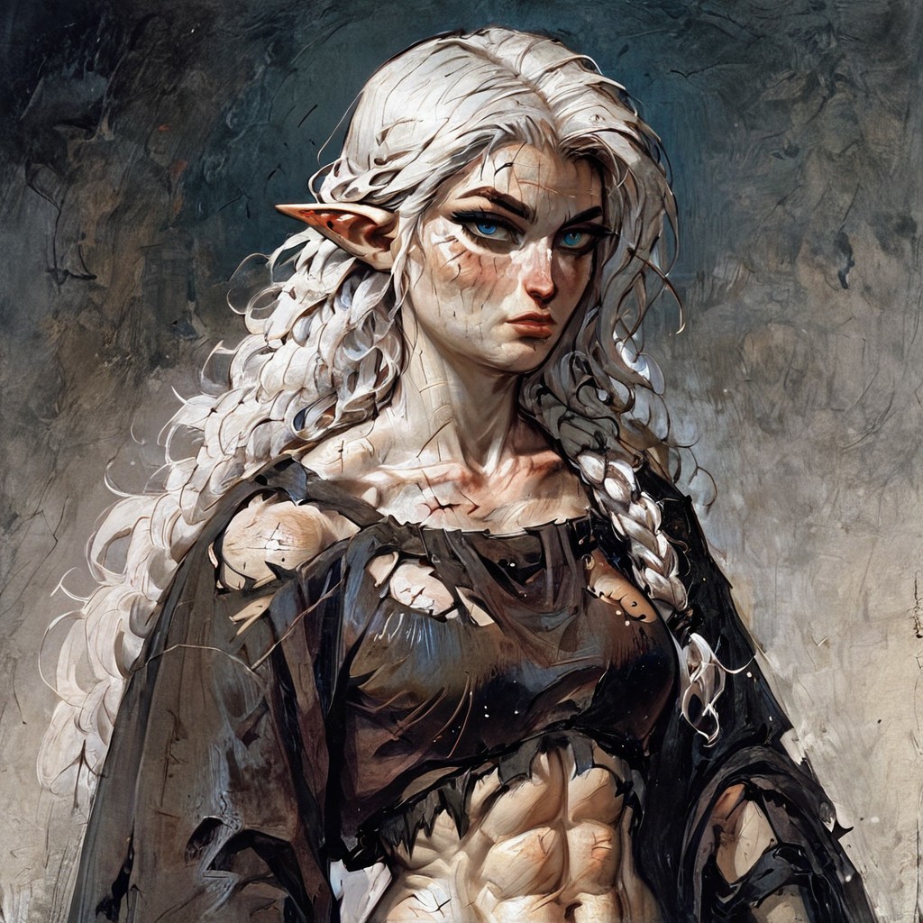 score_9, score_8_up, 
score_9, score_8_up, (((white skin))), (pale skin), (alabaster skin), white hair, blue eyes, muscular, female, fit, visible abs, medium breasts, elf, linen shirt, torn linen shirt, elf ears, pointy ears, pony tail, messy hair, very pale skin, solo female, 1 female, 1 character, completly white skin, pale, white, wavy hair, adult, beautiful, seductive, clothed, masterpiece, fantasy, scar on face, scar on eye, bruised, toga, abs, visible abs, braided hair, medival cloathes, medival, robe, toga