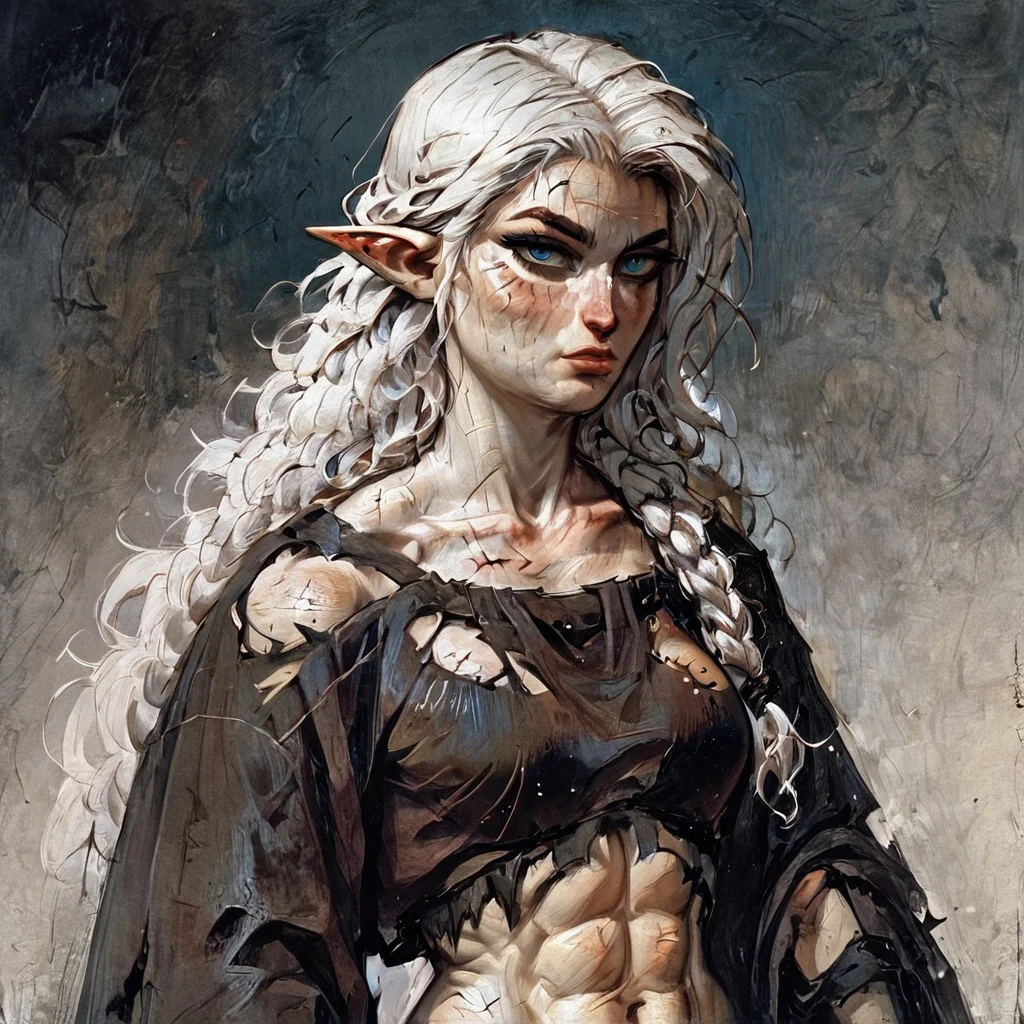 score_9, score_8_up,
score_9, score_8_up, (((white skin))), (pale skin), (alabaster skin), white hair, blue eyes, muscular, female, fit, visible abs, medium breasts, elf, linen shirt, torn linen shirt, elf ears, pointy ears, pony tail, messy hair, very pale skin, solo female, 1 female, 1 character, completly white skin, pale, white, wavy hair, adult, beautiful, seductive, clothed, masterpiece, fantasy, scar on face, scar on eye, bruised, toga, abs, visible abs, braided hair, medival cloathes, medival, robe, toga