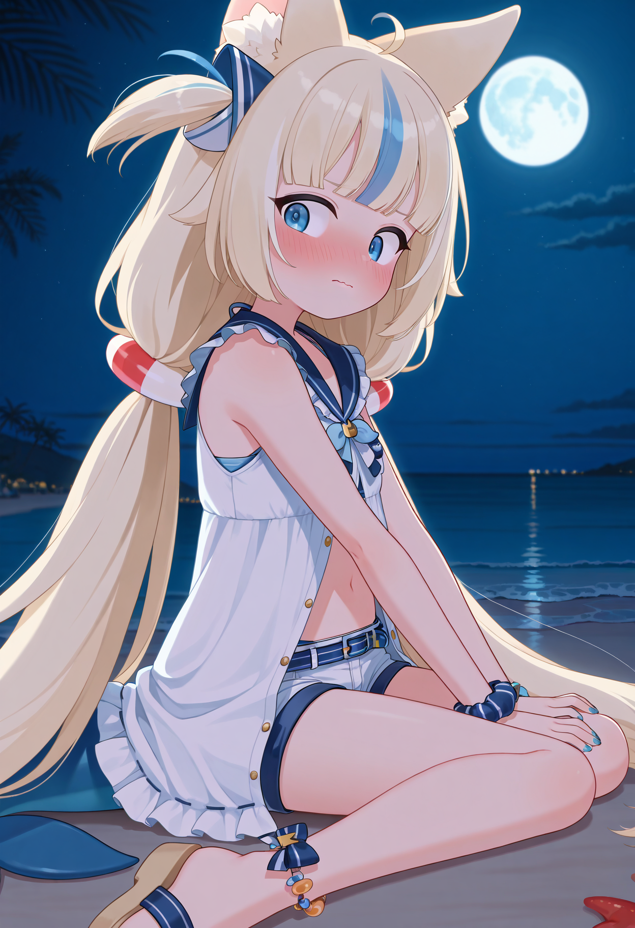 masterpiece, best quality,
1girl,
blue eyes,
blonde hair, blue hair, very long hair, streaked hair,
ahoge, blunt bangs, low twintails, one side up,
hair ornament, blush,
cat ears, animal ear fluff,
sailor dress, white dress, blue sailor collar, badge,
wrist scrunchie, blue nails,
navel, open dress, swimsuit under clothes, blue bikini,
short shorts, blue belt,
fish tail,
anklet, ankle bow,  
sandals,
looking at viewer, sideways glance, flustered, sitting, frown, nose blush, wavy mouth, from side, beach, dark, late night, blue hour, full moon
<lora:SamekoSaba-09:1> <lora:lightingSlider_1467670:-0.5>