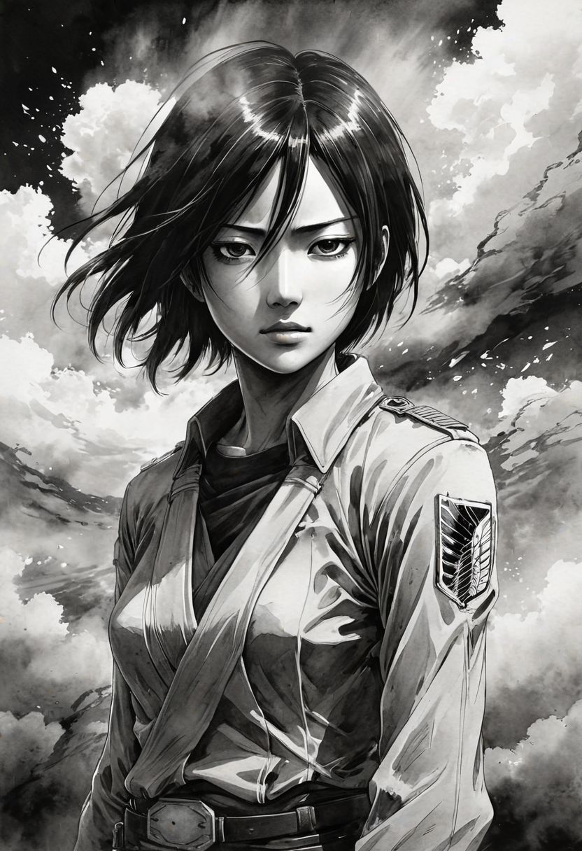 Mikasa Ackerman (Attack on Titan style:1.2), ink wash painting, dreamlike, flowing black and white brushstrokes, dramatic lighting, strong pose, subtle hint of sensuality, Asian features, detailed flowing hair, emotional expression, eyes closed (serene:1.1), night sky with wispy clouds in background
