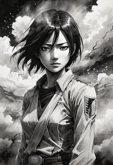 Mikasa Ackerman (Attack on Titan style:1.2), ink wash painting, dreamlike, flowing black and white brushstrokes, dramatic lighting, strong pose, subtle hint of sensuality, Asian features, detailed flowing hair, emotional expression, eyes closed (serene:1.1), night sky with wispy clouds in background