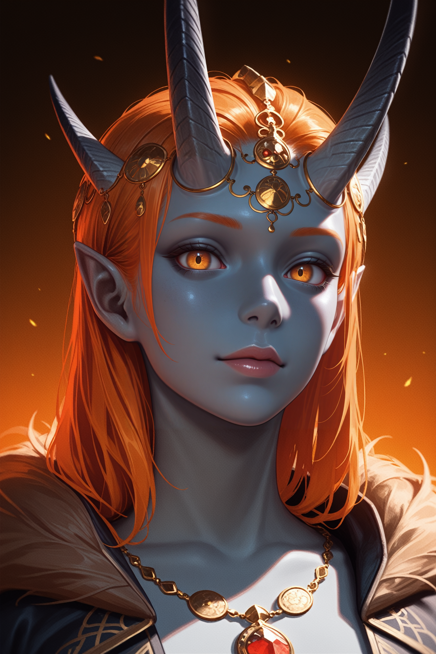 masterpiece, best quality, absurdres,
<lora:ILBGMizora:0.8>
BGMizora, 1girl, orange hair, horns, gray skin, jewelry, pointy ears, looking at viewer, portrait