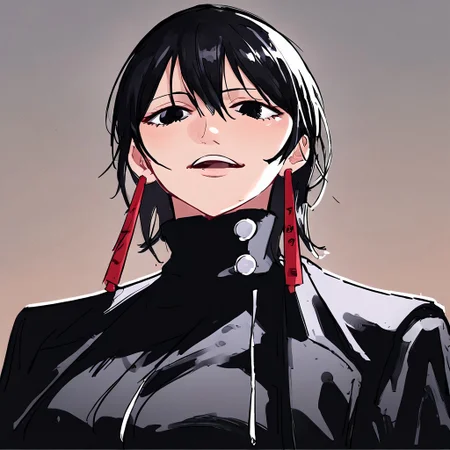 Kagari Hiyuki, female, woman, girl, 1girl, solo, black hair, medium hair, black eyes, red earrings, earrings, long earrings, long red earrings, light skin, fair skin, lashes, eyelashes, black clothing, black trousers, leather jacket, black turtleneck shirt, sleeves, long sleeves, black clothes, white belts, belt, belts, heels, high heels, white heels, white high heels, anime style, full body, long legs, stylish, relaxing, 2D, relaxed, hips, curves, masterpiece, beautiful, good quality, flawless, japanese house background, japanese house, perfect, perfect anatomy, good anatomy, perfection, gorgeous, high quality, detailed, detailed eyes, detailed face, BREAK, score_9, score_8_up, score_7_up, score_6_up