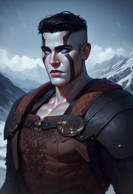 score_9, score_8_up, 8, score_7_up, score_6_up, ((masterpiece)), solo, ((portrait)), 
Goliath, ((gray skin)), tall, muscular, body tattoo, face tattoo,, 1boy, male focus, long black hair, the skin of the beast on the shoulder, blue eyes, striped grey trousers, shoulder strap,
mountains in the background, fog, snow, falling snow,, blurred background,