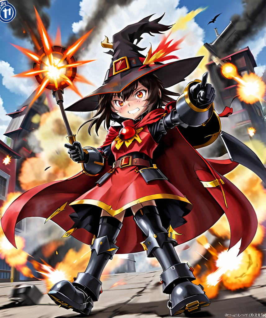 megumin has gone even further beyond, gaining access to ultra meguminstinct four, which grants her the power to instantly vaporize everything in a five mile radius with a massive explosion,full body,mechanical armor,witch hat,eyepatch, letter x,art by asmaria,<lora:AsMaria_Style_XL_Digimon_Illustrator:0.75>