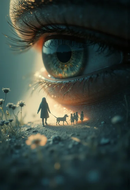 An enigmatic composition bathed in soft, diffused light, blending whispers of surrealism and melancholia. The scene unfolds in a cinematic atmosphere where subtle textures and delicate grains add depth, while the interplay of light and shadow enhances the quiet intensity of the moment. A subdued color palette merges with ethereal haze, evoking a dreamlike quality and timeless stillness. The central subject –In an extreme close-up, Henry’s eye reflects a tiny shadow puppet procession crossing a narrow thread of light. The camera pulls back to reveal the puppets marching along a precarious line cast by a ray of sunlight, their shapes flickering as though resisting the brightness.– is delicately framed, their presence balanced between mystery and intimacy. Surrounding elements, rich in symbolic undertones, anchor the narrative in an otherworldly context. Organic details like softly swaying flora or faintly glowing surfaces contrast with stark, haunting figures, creating a juxtaposition that is both poignant and surreal. The composition invites introspection, with negative space amplifying the mood's resonance. Every detail, from the atmospheric depth to the muted highlights, serves to craft an image that feels suspended in an emotional, poetic realm, steeped in quiet nostalgia.
surreal style
