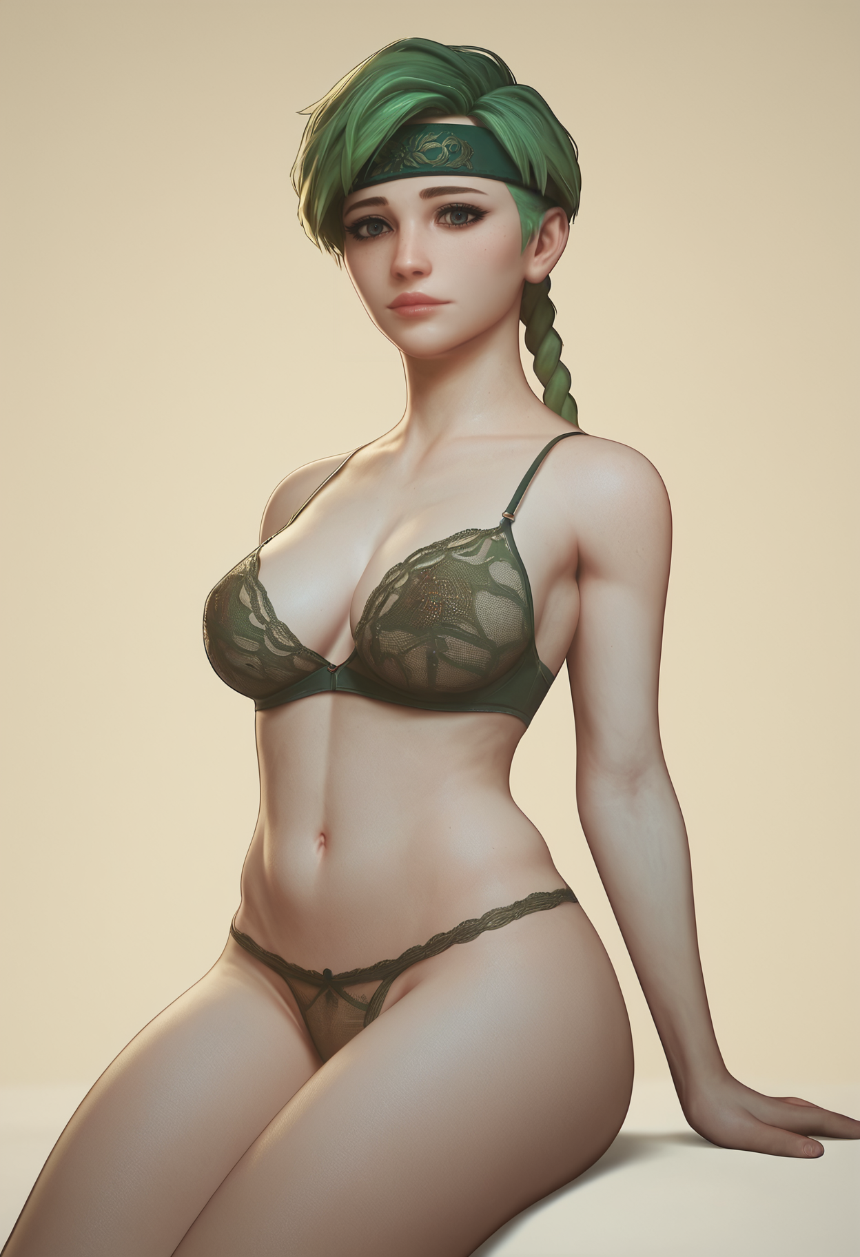 score_9, score_8_up, score_7_up,
 <lora:Jared999D_SKNFW:1> Jared999D_SKNFW, 
1girl, solo,
sitting, 
looking at viewer, 
Celadon green hair, Tousled Pixie Cut with Headband,
medium breasts, 
lingerie, braid, panties, 
Gold background with thin navy lines, creating a minimalistic design.,