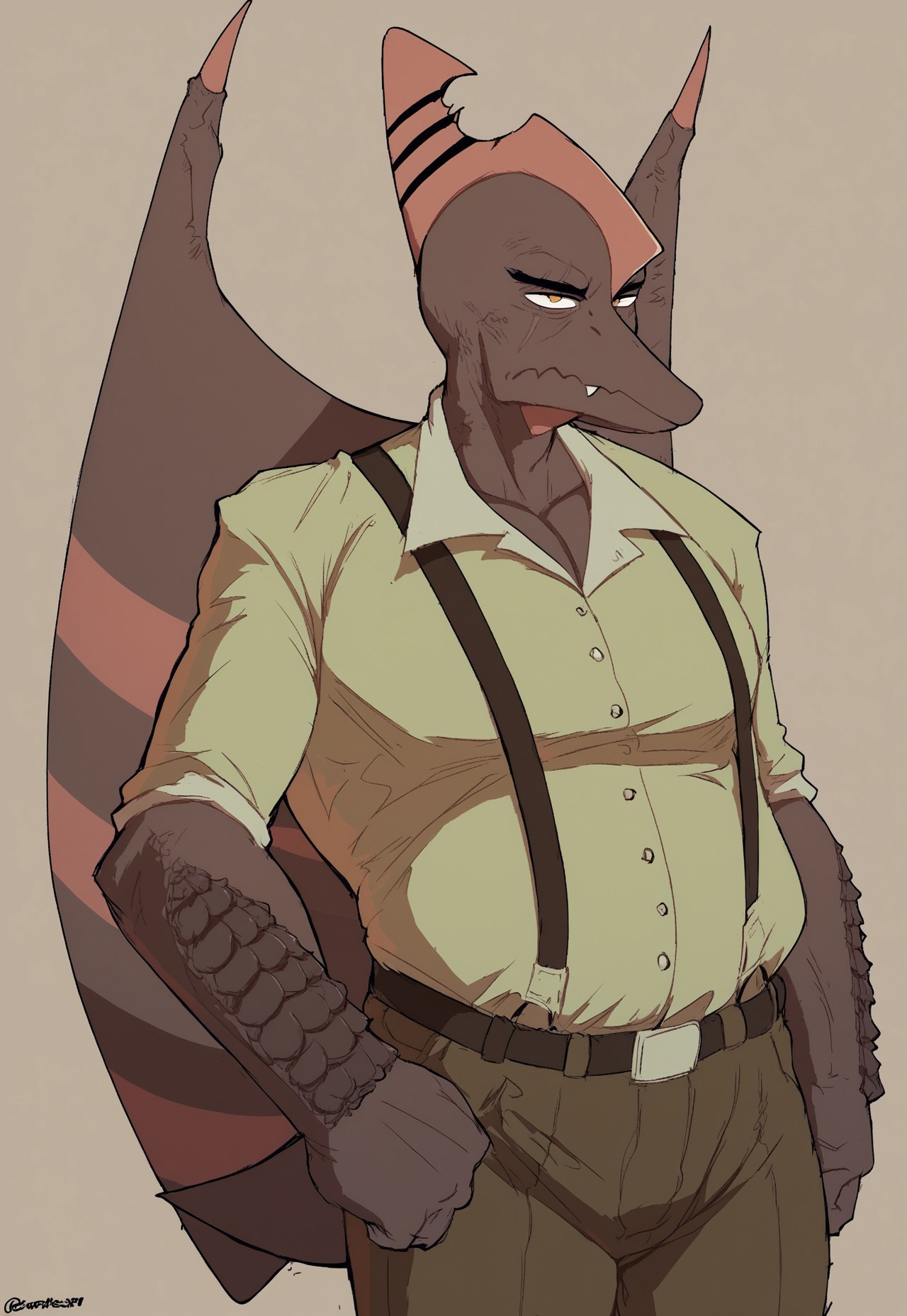 safe_pos, score_9, score_8_up, score_8. score_9, score_8_up, score_7_up, ,masterpiece, 4k, high quality, (best quality:1.1), 1man, ripley\(sg\), colored skin, furry, furry male, snout, long snout, brown skin, serious expression, wings, lizard wings,
tail