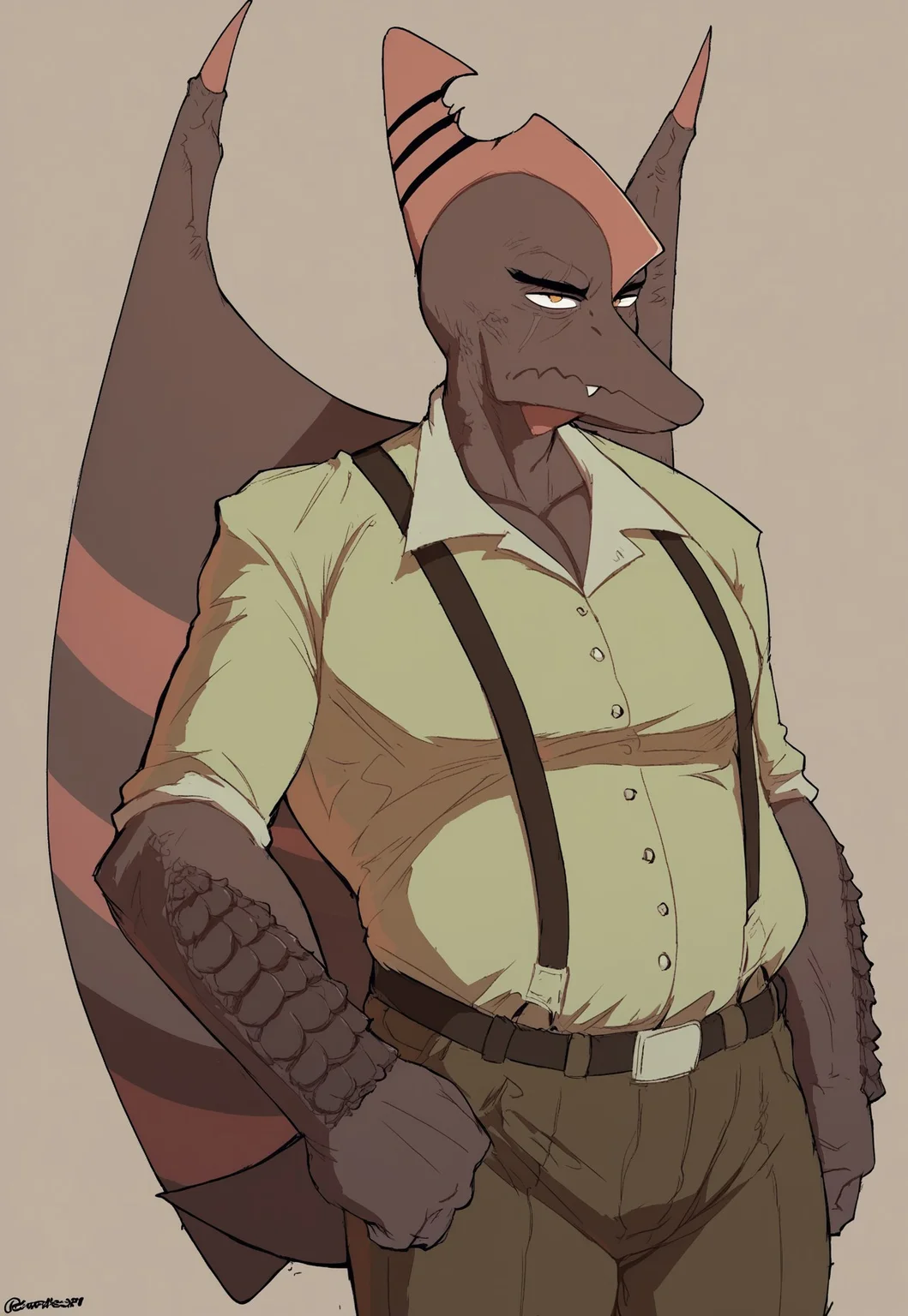 safe_pos, score_9, score_8_up, score_8. score_9, score_8_up, score_7_up, ,masterpiece, 4k, high quality, (best quality:1.1), 1man, ripley\(sg\), colored skin, furry, furry male, snout, long snout, brown skin, serious expression, wings, lizard wings,
tail