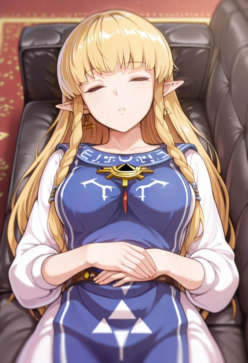 masterpiece, best quality, amazing quality, very aesthetic, 1girl, (depth of field), furukawayui, blonde hair, long hair, twin braids, pointy ears, dress, blue tabard, triforce, earrings, lying, on back, on couch, medium breasts, closed eyes, sleeping, hands on own stomach