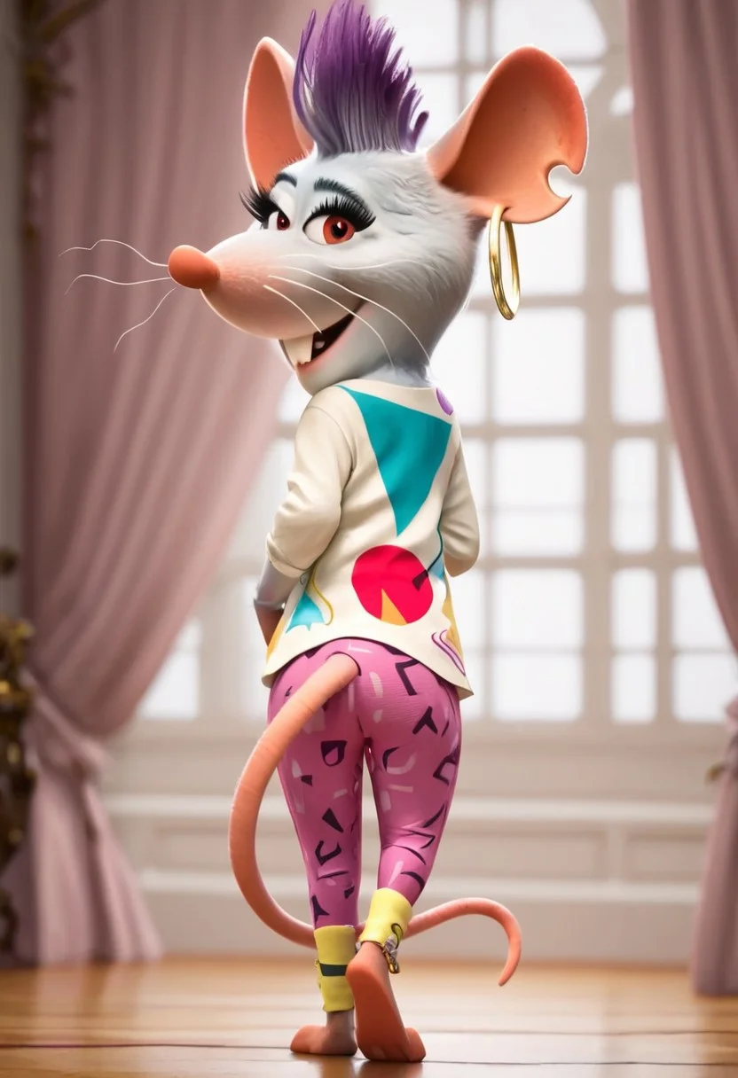 mandy_z+casual, furry, anthro, female mouse, white fur, short purple punk mohawk hair, pink ears (hole in left ear), a pink nose, three crooked whiskers on each side, buckteeth, big eyelashes, red eyes, pink hands (four fingers), pink feet (electronic anklet on right foot), pink mouse tail, white shirt (long sleeves, colored shapes patterns), pink pants (pink and purple stripes patterns, yellow bottom), golden earrings (big golden hoop rings), score_8_up, score_7_up, BREAK, 1girl, solo, from behind, looking back, from below, low-angle shot, ass focus, head tilt, looking at viewer, detailed background, 4k, masterpiece, best quality, highly detailed, realistic, 3d, closeup, horny