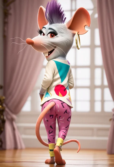 mandy_z+casual, furry, anthro, female mouse, white fur, short purple punk mohawk hair, pink ears (hole in left ear), a pink nose, three crooked whiskers on each side, buckteeth, big eyelashes, red eyes, pink hands (four fingers), pink feet (electronic anklet on right foot), pink mouse tail, white shirt (long sleeves, colored shapes patterns), pink pants (pink and purple stripes patterns, yellow bottom), golden earrings (big golden hoop rings), score_8_up, score_7_up, BREAK, 1girl, solo, from behind, looking back, from below, low-angle shot, ass focus, head tilt, looking at viewer, detailed background, 4k, masterpiece, best quality, highly detailed, realistic, 3d, closeup, horny
