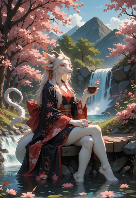 a RAW ultra-realistic photo, UHD,8K, masterpiece, best quality, higres, high detail, depht of view, score_9,score_8_up,score_7_up,embedding:zPDXL2, Expressive,colorful, , A painting of a woman sitting on a bench. There is a waterfall behind her. There are pink flowers on the trees., 1girl, solo, smile, red_eyes, holding, animal_ears, sitting, closed_mouth, tail, flower, outdoors, japanese_clothes, sky, day, cloud, wide_sleeves, kimono, water, tree, cup, blue_sky, crossed_legs, plant, steam, scenery, holding_cup, furry, pink_flower, dragon, furry_female, scales, waterfall,<lora:增强\(收藏)\sdxl_lightning_8step_lora.safetensors:1.0:1.0> <lora:(风格)\(收藏)\Expressive_H-000001.safetensors:0.8:0.8> <lora:(风格)\(收藏)\GN_v1.4.safetensors:0.4:0.4> <lora:增强\(收藏)\Hands XL 4.safetensors:1.0:1.0> <lora:Envy Pony Pretty Eyes 01.safetensors:0.3:0.3>
