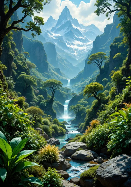 An 8k masterpiece of nature: vibrant lush forests with emerald canopies, arid deserts with intricate, rippled dunes, towering mountain ranges capped with crystalline snow, rugged coastal shores framed by deep blue waters, expansive valley vistas with rolling hills and textured earth. Sweeping aerial views, intimate close-ups of dew-laden petals and mossy barks, eye-level compositions capturing ancient stone and gnarled roots, dramatic low-angle shots of spired rock formations, dynamic tracking perspectives following serpentine river paths. Exquisite natural gradients, luminous sunlight, dappled shadows, ethereal mist, and refined spatial composition; a collage of natural textures, vibrant palettes, and atmospheric clarity, intricate detail, harmonious light, masterpiece quality. <lora:VividMidjourneymimic-Flux_v1.0:0.3> <lora:artisketchyfs-v02:0.4> <lora:artilands:0.3> <lora:aidmaFLUXPro1.1-FLUX-v0.3:0.8> <lora:dreadmirth-art-style:0.2> <lora:flux_dev:1>