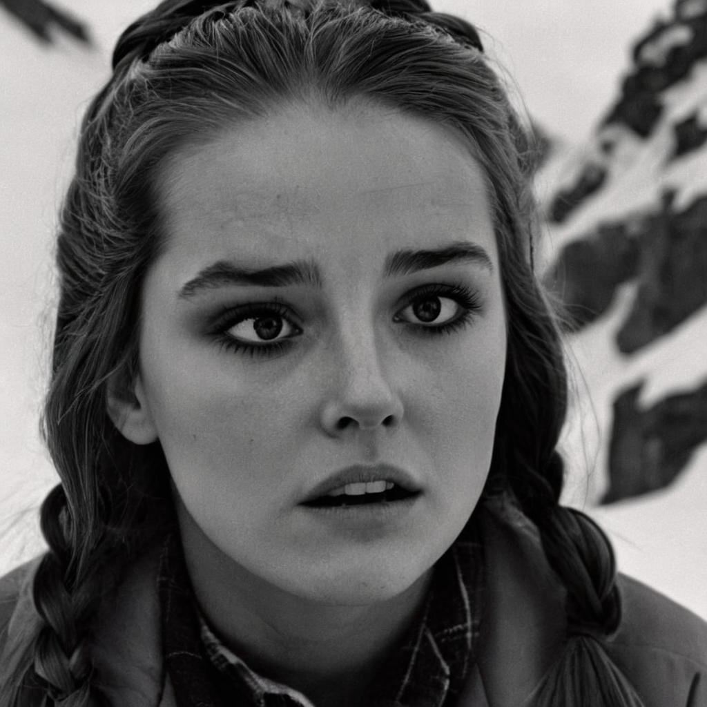 UHD, 4k, ultra detailed, cinematic, a photograph of  <lora:perfection style:0.5> <lora:detailed:0.5> perfection detailed
 <lora:The Shining film style:0.9>
 <lora:1980's style:0.4>
Wendy In the 1980's in the Colorado Rocky Mountains a woman with a black eye and a sad look on her face,1girl,solo,long hair,monochrome,braid,greyscale,parted lips,teeth,lips,looking away,portrait,head rest,realistic,nose , cinematic, film, kodak, The Shining film style, epic, beautiful lighting, inpsiring