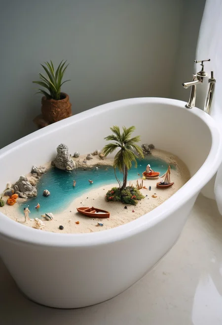 A realistic, scaled-down photo of a beach scene, but instead of a real, expansive setting, the entire beach lies in a bathtub, giving the impression of a detailed miniature model. The beach is complete with tiny palm trees, flowers and people, all scaled down to fit within the confines of the bathtub. The water in the tub mimics the look of a calm sea with gentle waves surrounding the miniature boats. The white porcelain of the bathtub contrasts with the intricate, realistic details of the beach. Surrounding the bathtub are everyday bathroom items, discreetly visible in the background, adding to the surreal atmosphere of this miniature world
Masterpiece, vibrant colors, very detailed, midjourneyv6.1, Light Painting, detail background,  view from below
