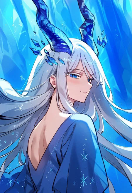 zPDXL3, score_9_up, score_8_up, score_7_up, (Anime_source), 1girl, Merenia, blue eyes, white eyebrows, white hair, long hair, dragon horns, Merenia clothes, crystal floating on head, looking back, looking at viewer, upper body, smile, little blush, open closed mouth, half closed eyes