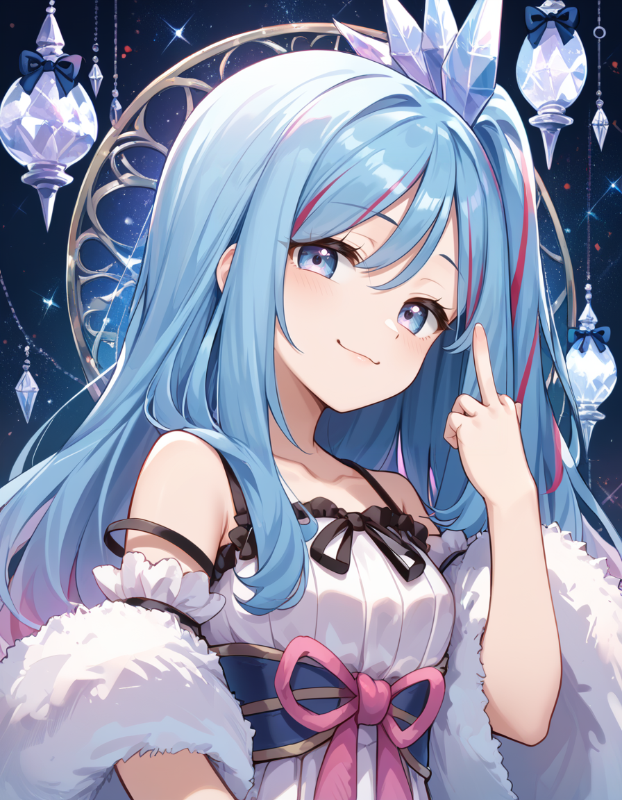 (score_9:0.9),score_8_up,score_7_up,rating_safe,anime style,(zPDXL),(zPDXL3),
<lora:Witchcrafter Madame Verre ponyXL v1:0.72>,witchcrafter madame verre,1girl,solo,:3,looking at viewer,fur trim boa,upper body,smile,smug,white sleeveless dress,middle finger,white detached sleeves,crystal hair ornament,one side up,head tilt,crystal lamp, blue theme