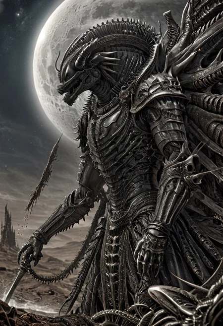 A fantastical image of a silver Xenomorph knight, clad in flowing, flowing robes, wielding an ornate, ornate blade. they wield the sword in a fluid, dynamic motion. The moon's reflection highlights their magical power, solo, wide angle, art by hr giger, Rusted, rusted landscape,