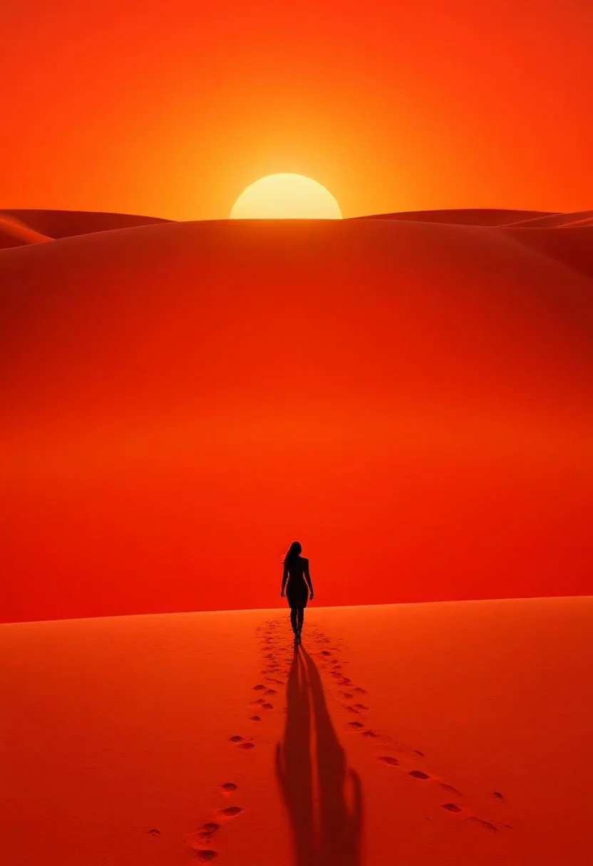 ispzxll, diorama, isometric, miniature, volumetric lighting style, intricate details, desolate, dusty sky, iconic shot, isolated, lonely, orange sky, red dirt, walking away, golden hour, epic, setting sun on horizon, film scene, slim female figure silhouette