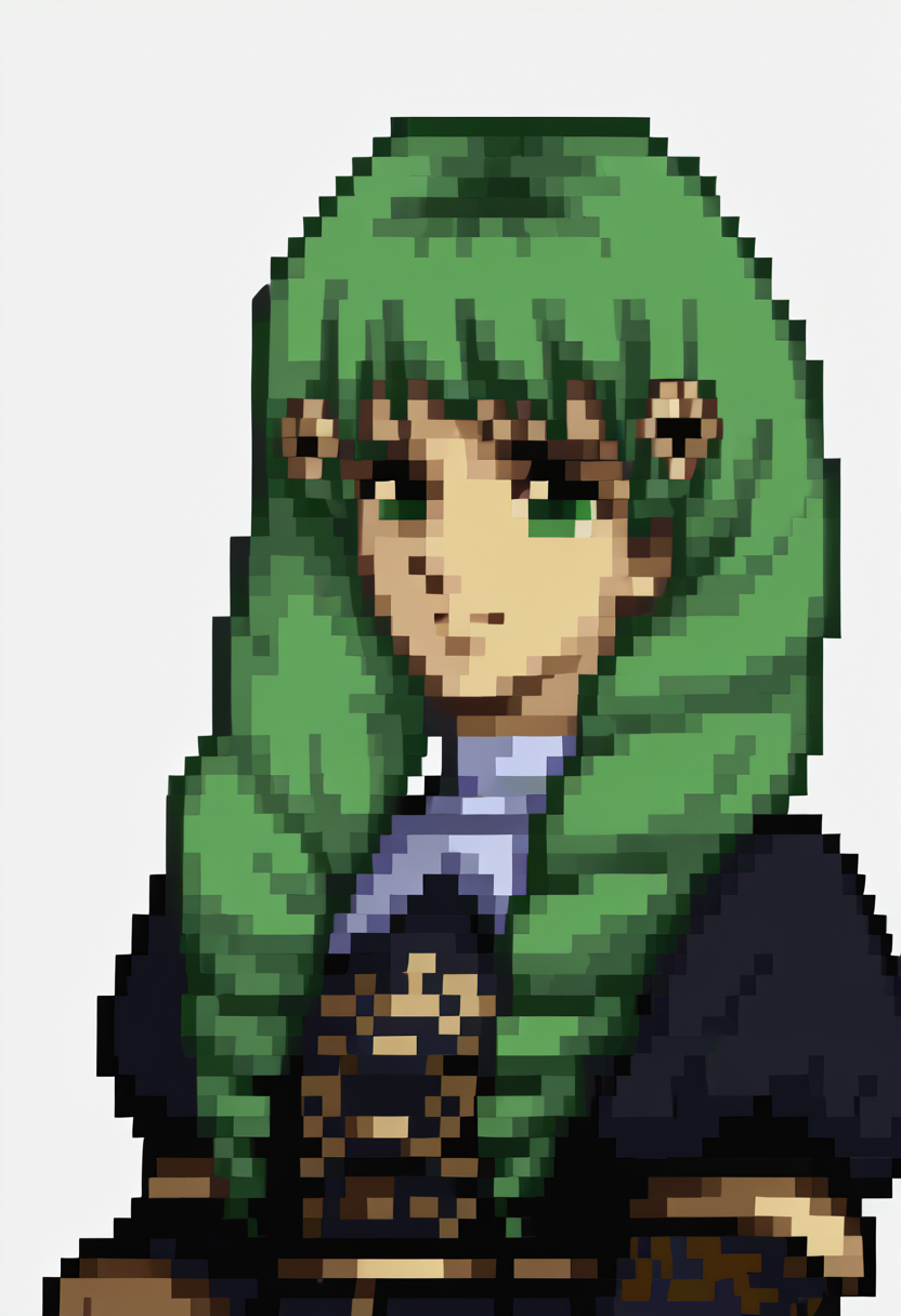 score_9, score_8_up, score_7_up, source_anime, 1girl, <lora:zs_FE4PortraitsXL:1.0> fe4portraits, portrait, pixel art, white background,<lora:FlaynFE-pdxl:1> defFlayn, long hair, drill hair, hairclip, uniform, black dress