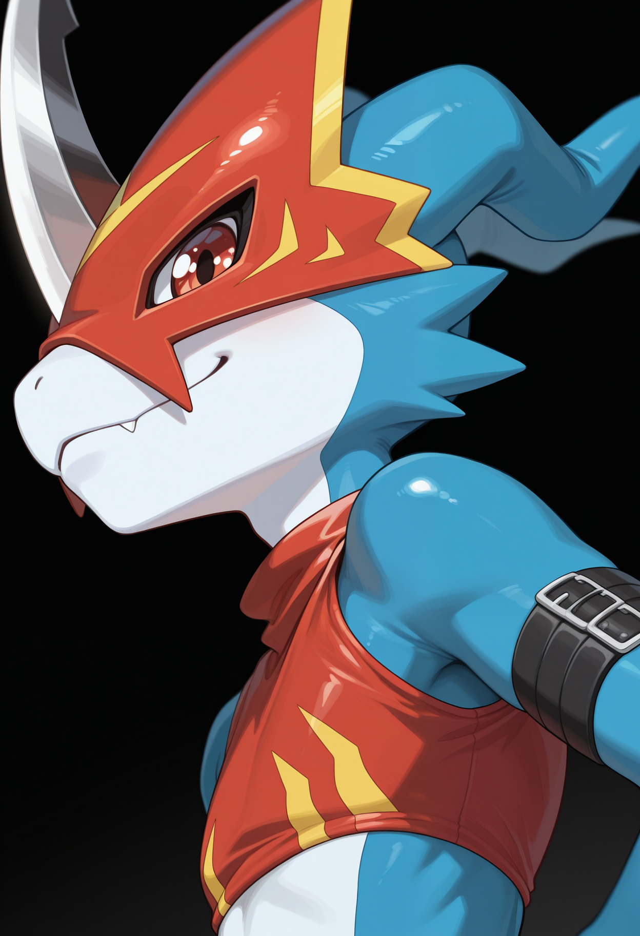 masterpiece,best quality,amazing quality, 1boy, solo, fl4m3dr4m0n, digimon (creature), crop top, horned helmet, close up, side angle, smug,