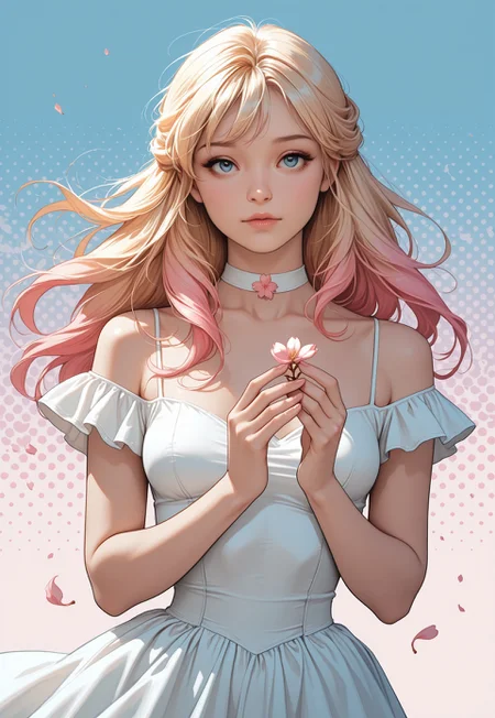 masterpiece, high_quality, highres, flat_colors, gradient, beautiful eyes, realistic,
(side_glance), ruffled_dress, half_updo,, small_breasts, relaxed_breasts, small_waist, age_24, choker, blue_eyes, blonde_hair, pink_hair, long_hair, windy, long_lashes, cutely, dynamic_angle, cinematic, face_focus, detailed_hands, elegant_fingers, halftone_background, sakura_pink, cherry_blossom, warm_peach, golden_sunset, soft_white, romantic
