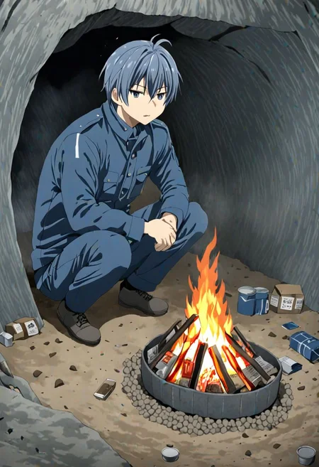high resolution, solo, best quality, 1Boy, Tomoya Okazaki, Grey Blue Hair, cave, bunker, field Ration, bonfire, OverallDetail