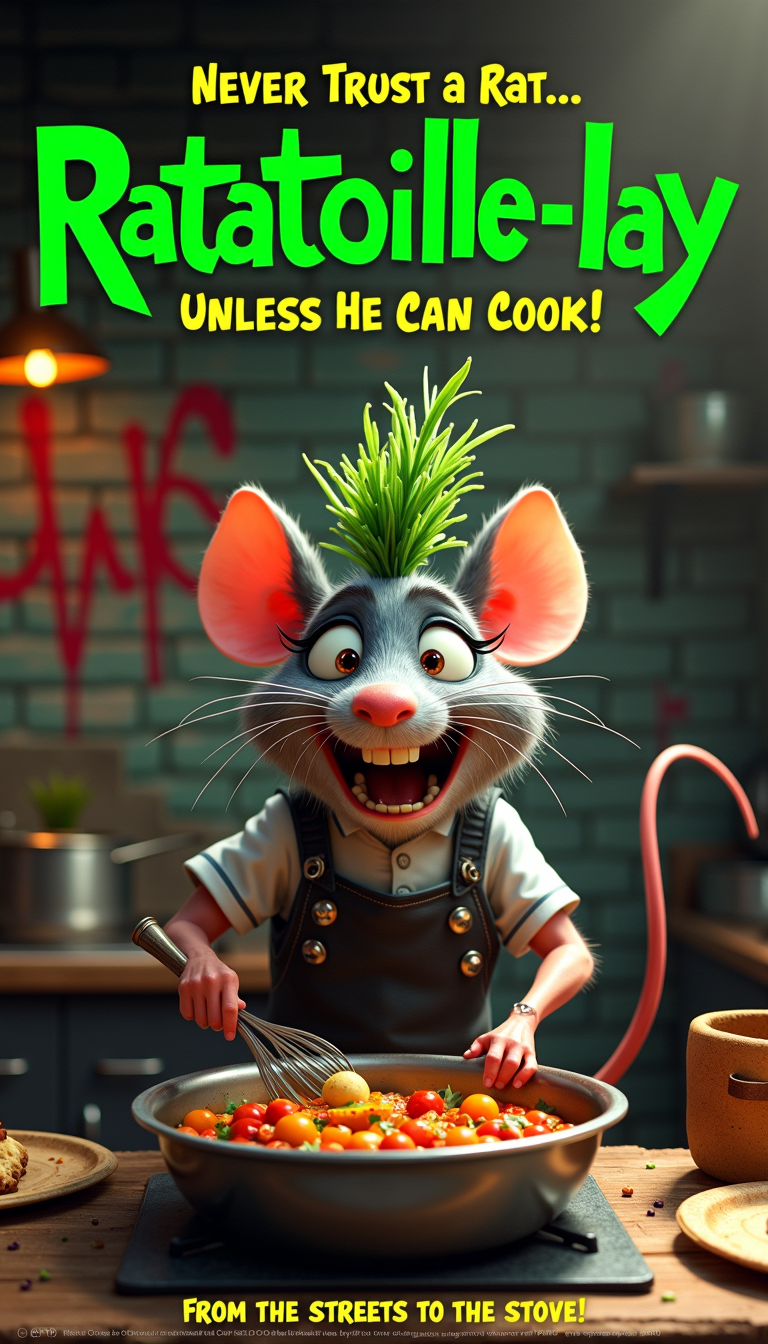 A parody movie poster with the printed title: **"Ratatouille-lay"** in bold, green letters with a hint of Italian herbs. A Ratatouille Animation Genre parody poster, featuring a rat chef with a green mohawk, eyeliner, and multiple piercings, excitedly stirring a pot of ratatouille in a dimly lit, punk rock kitchen. In the background, a grungy, graffiti-covered brick wall with the tagline "Never Trust a Rat... Unless He Can Cook!"
The poster highlights the funny contrast between the sophisticated world of French cuisine and the rebellious, anti-establishment attitude of the punk rock genre. The rat chef's mohawk is made of fresh herbs, and his piercings include a whisk and a tiny pot. He wears a black leather apron with safety pins and studs, and his eyes are full of determination and passion for cooking.
The background of the poster features a chaotic kitchen with broken plates, spray-painted pots and pans, and a bandana-wearing rat band playing in the corner. The color palette is a mix of dark greens, yellows, and reds, with splashes of bright colors from the food and the punk rock decor.
The poster includes the names of the main actors, such as "Remy (voiced by Pete Wentz)" and "Linguini (voiced by Gerard Way)". The tagline "From the Streets to the Stove" is written in a stencil font, with a grungy, distressed look. The overall effect is a hilarious and irreverent take on the classic Ratatouille movie, with a unique blend of animation, punk rock, and French cuisine.