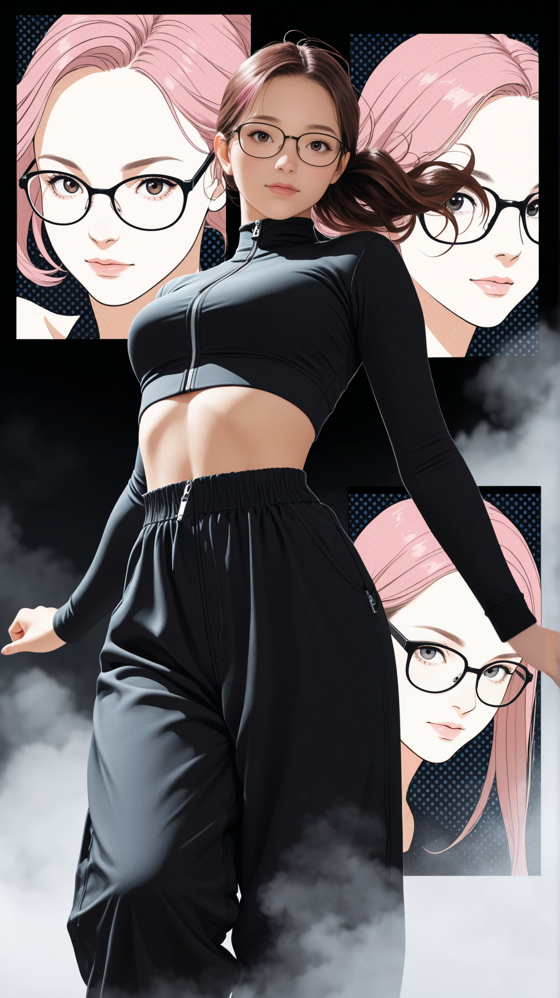 1girl, woman, 
masterpiece, best quality, high quality, absurdres, very aesthetic, 8k, depth of field, subject focus, face_focus, detailed eyes, looking at viewer, 
black background, fog, neon backlight, halftone background, giant square,
sirene expression, floating hair,
multi view, side view, front view, back view, 
skin pressed, dynamic posing,
brown hair, pink hair, glasses, hair, messy ponytail, zipper-top, wide trousers, bare midriff, 
futuristic, modern,
dancing