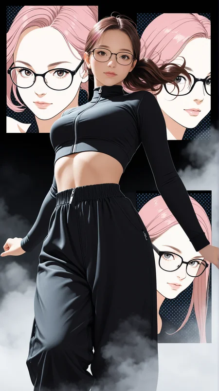 1girl, woman,
masterpiece, best quality, high quality, absurdres, very aesthetic, 8k, depth of field, subject focus, face_focus, detailed eyes, looking at viewer,
black background, fog, neon backlight, halftone background, giant square,
sirene expression, floating hair,
multi view, side view, front view, back view,
skin pressed, dynamic posing,
brown hair, pink hair, glasses, hair, messy ponytail, zipper-top, wide trousers, bare midriff,
futuristic, modern,
dancing