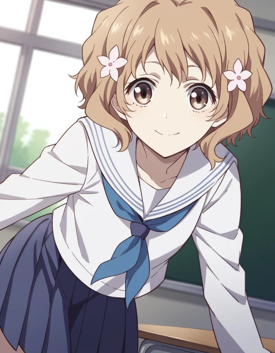 score_9, score_8_up, score_7_up, source_anime,
ohanamatsumae, <lora:ohana-matsumae-s1-ponyxl-lora-nochekaiser:1>,
ohana matsumae, short hair, brown hair, hair ornament, brown eyes, flower, hair flower,
skirt, school uniform, serafuku, blue skirt, pleated skirt, neckerchief, blue neckerchief, long sleeves,
indoors, classroom, bent over, smile,
looking at viewer, cowboy shot, solo, dutch angle,