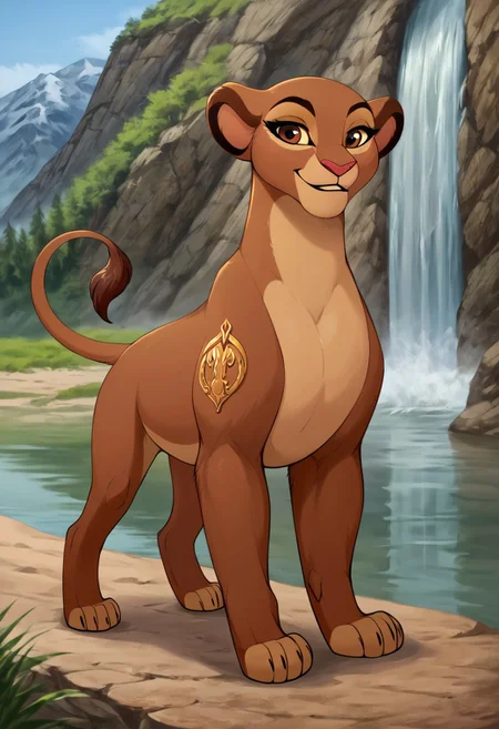score_9, score_8_up, score_7_up, by reallynxgirl, BREAK, solo, rani, lioness, ((feral)), female lion, fullbody, brown body, reddish brown eyes, smiling, seductive pose, detailed background, (seductive pose:1.2), (raised tail:1.6), lake, waterfall background, detailed background, front view, (seductive face), (teasing), (looking at viewer)