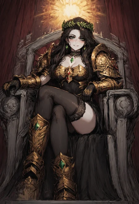 score_9, score_8, score_7, godrays, focus from below,
1girl, long hair, dark brown hair, bang, green eyes, white pale skin, mascara,earrings, black eyeshadow, freckles, diamond shape face,
wearing golden armor, black dress, choker, black lace gloves, black tighhighs, seductive smile, blushing, sitting on throne, lifted legs, Laurel wreath,
throne room, <lora:Emperor:0.6>,
<lora:Black_souls_style:0.8>, <lora:Expressive_H:0.3>, <lora:cutesexyronutts_style_xl:0.8>, <lora:THRD_r1:0.6>, THRD,