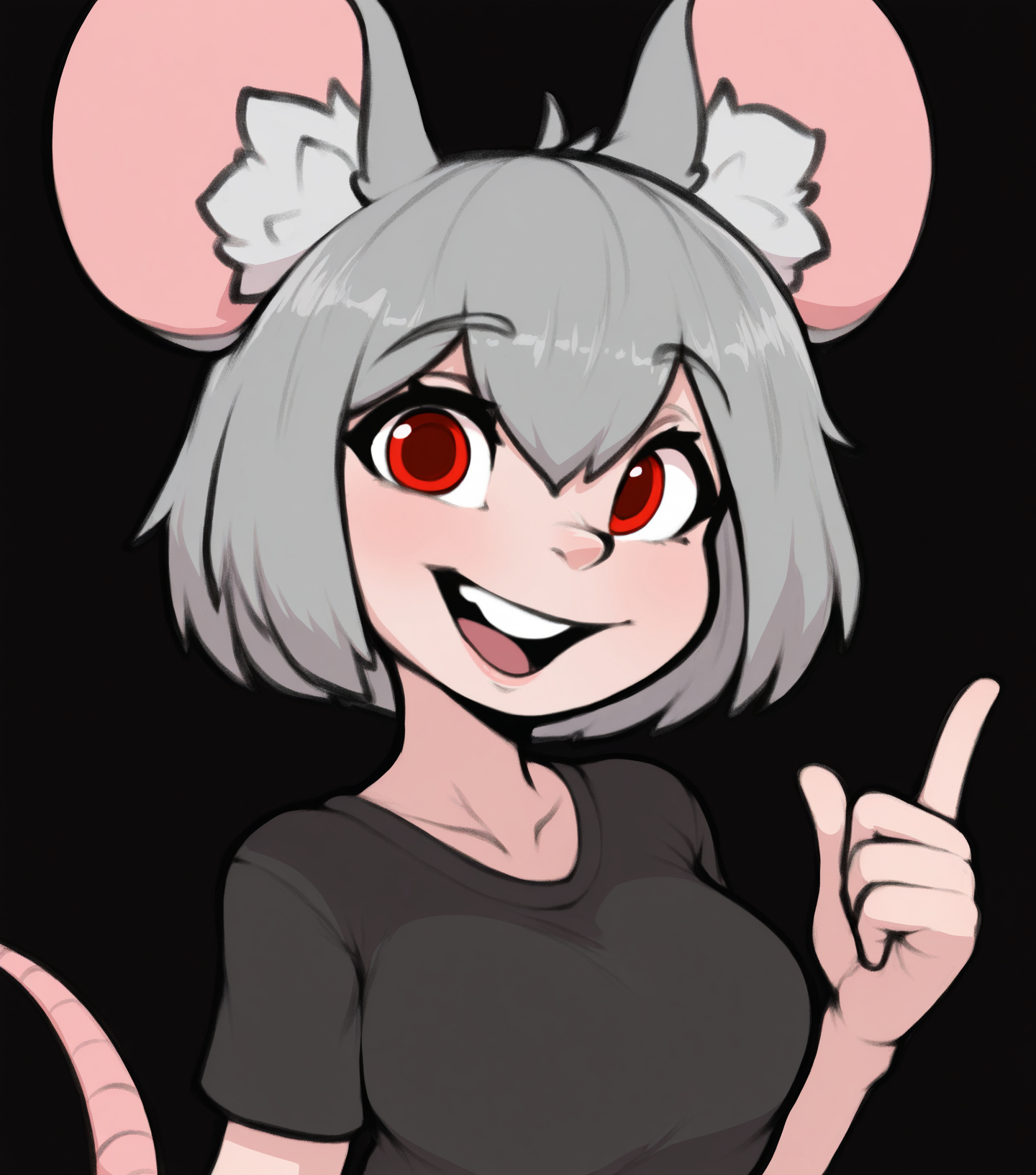 masterpiece, best quality, good quality, simple background, black background, upper body, looking at viewer, red eyes, grey hair, open mouth, smile, upper teeth only, solo, 1girl, bob cut, hair between eyes, mouse girl, mouse ears, mouse tail, animal ear fluff, medium breasts, black t-shirt