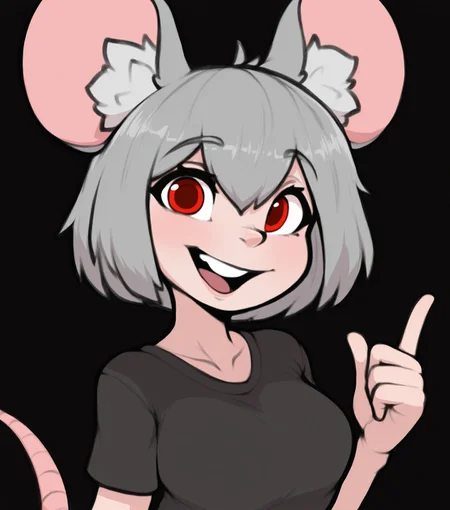 masterpiece, best quality, good quality, simple background, black background, upper body, looking at viewer, red eyes, grey hair, open mouth, smile, upper teeth only, solo, 1girl, bob cut, hair between eyes, mouse girl, mouse ears, mouse tail, animal ear fluff, medium breasts, black t-shirt