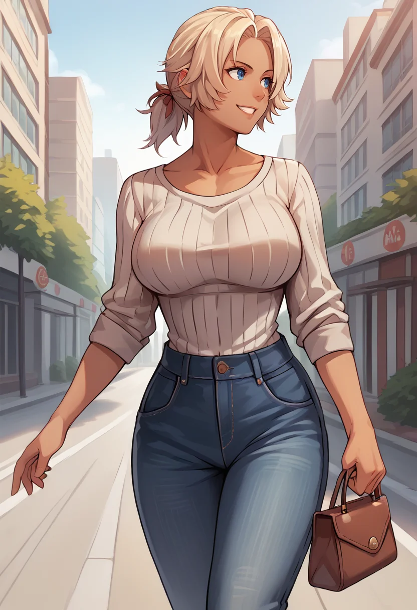score_9, score_8_up, score_7_up, source_anime, BREAK 1girl, solo, smile, looking to the side, walking, <lora:CatherineFE-pdxl:1> rndCath, short hair, ponytail, dark skin, ribbed sweater, large breasts, jeans, handbag, outdoors, city, sky