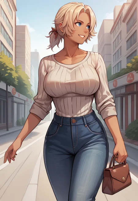score_9, score_8_up, score_7_up, source_anime, BREAK 1girl, solo, smile, looking to the side, walking, <lora:CatherineFE-pdxl:1> rndCath, short hair, ponytail, dark skin, ribbed sweater, large breasts, jeans, handbag, outdoors, city, sky